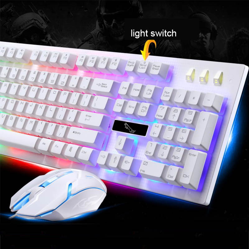 PandaTek New Mechanical Feeling Multicolor Backlit Wired Gaming Keyboard And 1600 DPI Mouse Combo - White