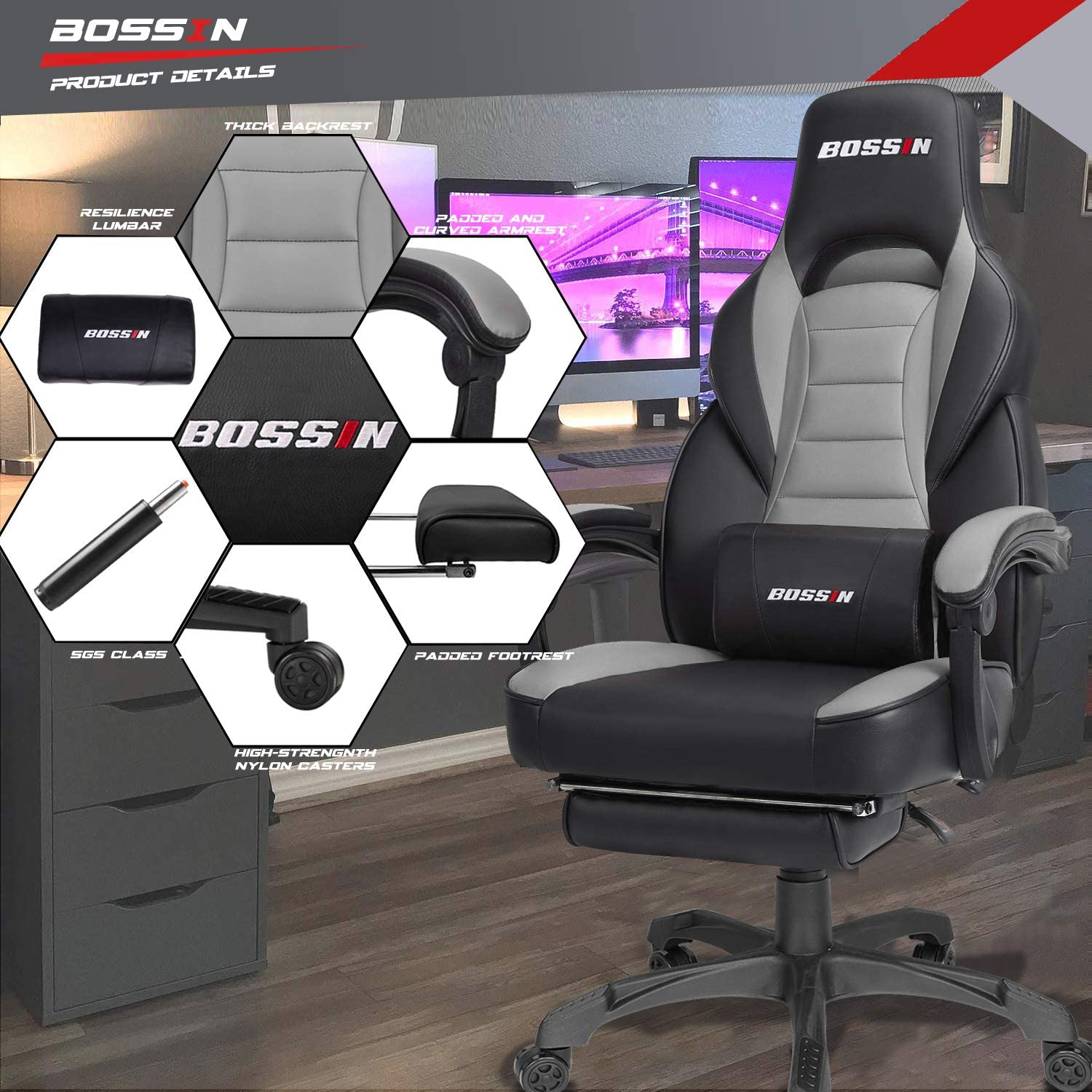 Gaming Chair, Racing Style Computer Desk Chair Padded Armrests Ergonomic Lumbar Support Adjustable Height
