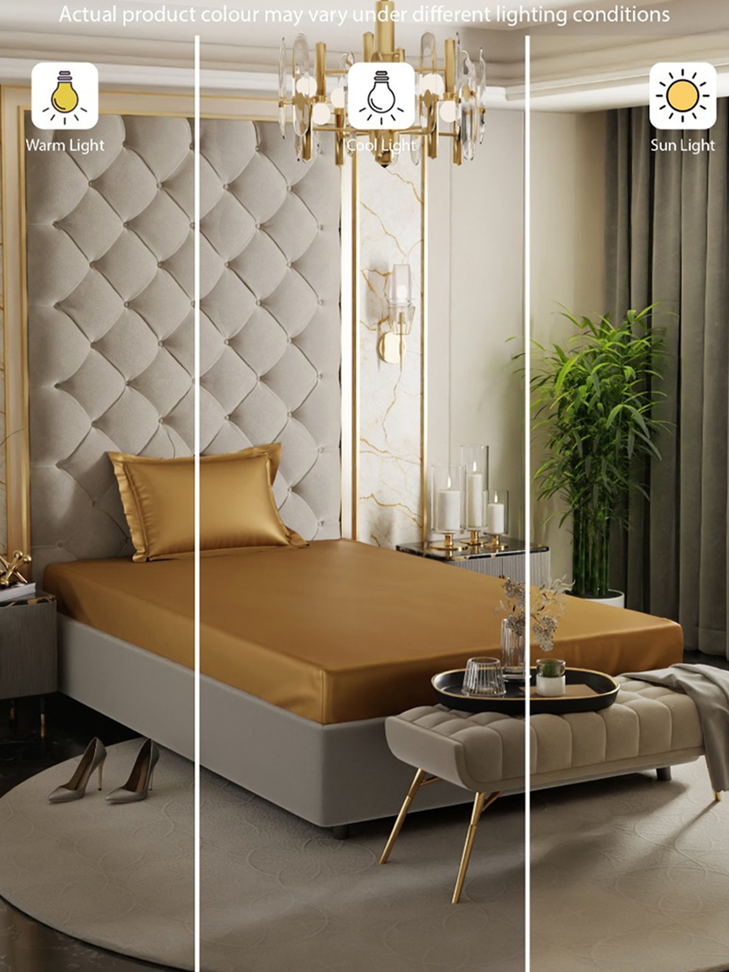 Stoa Paris Eternal Glow Gold 300 TC Polyester Single Fitted Sheet with 1 Pillow Cover