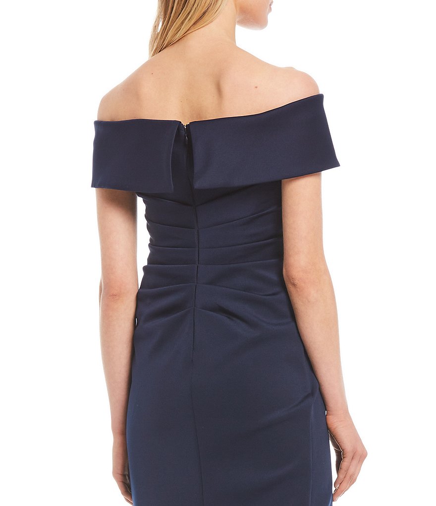 Xscape Off-the-Shoulder Scuba Crepe Ruffle Front Sheath Dress