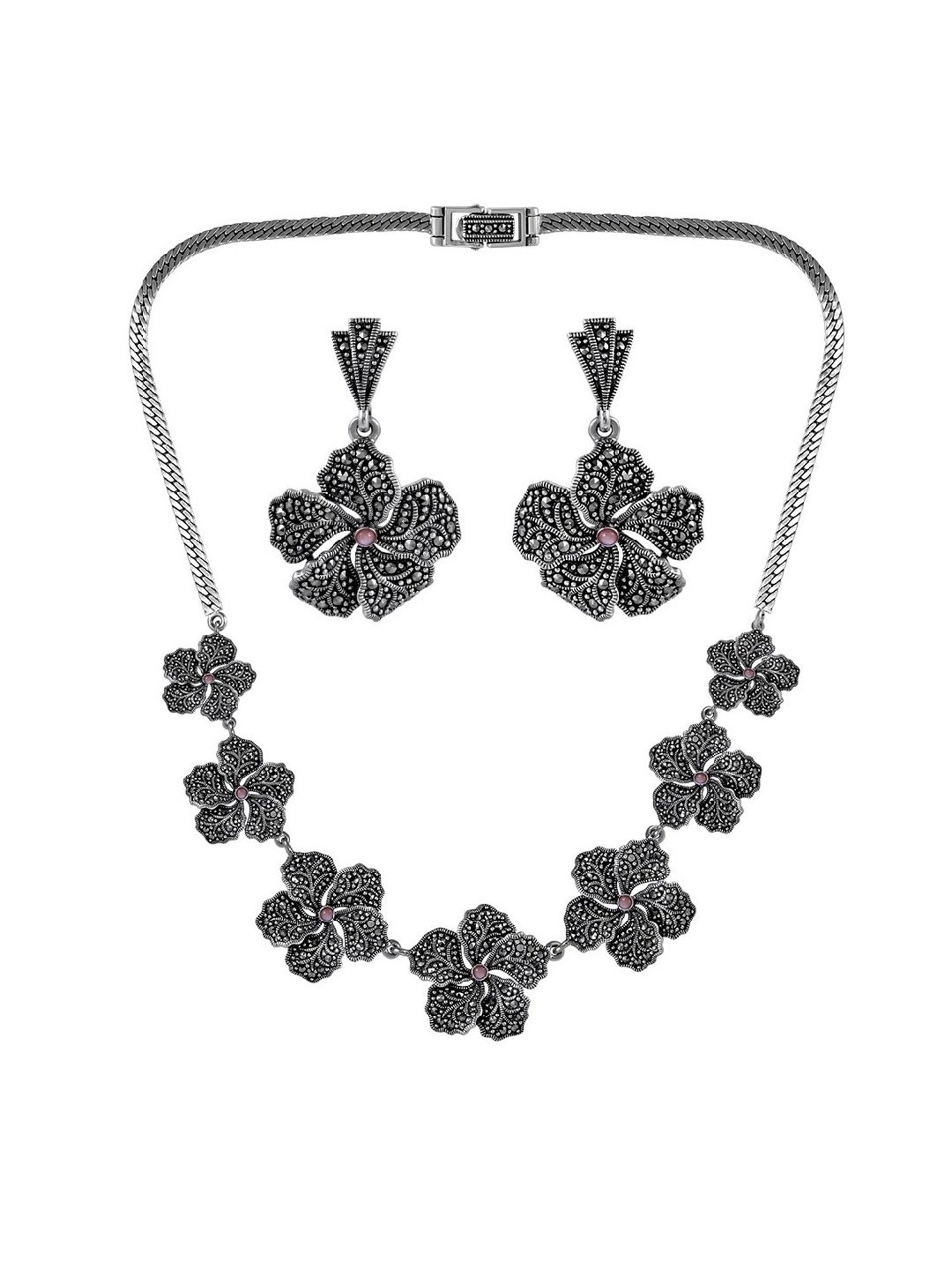 Rihi by P.C. Chandra Jewellers Oxidized Flower Necklace And Earring Set With Pink Stone