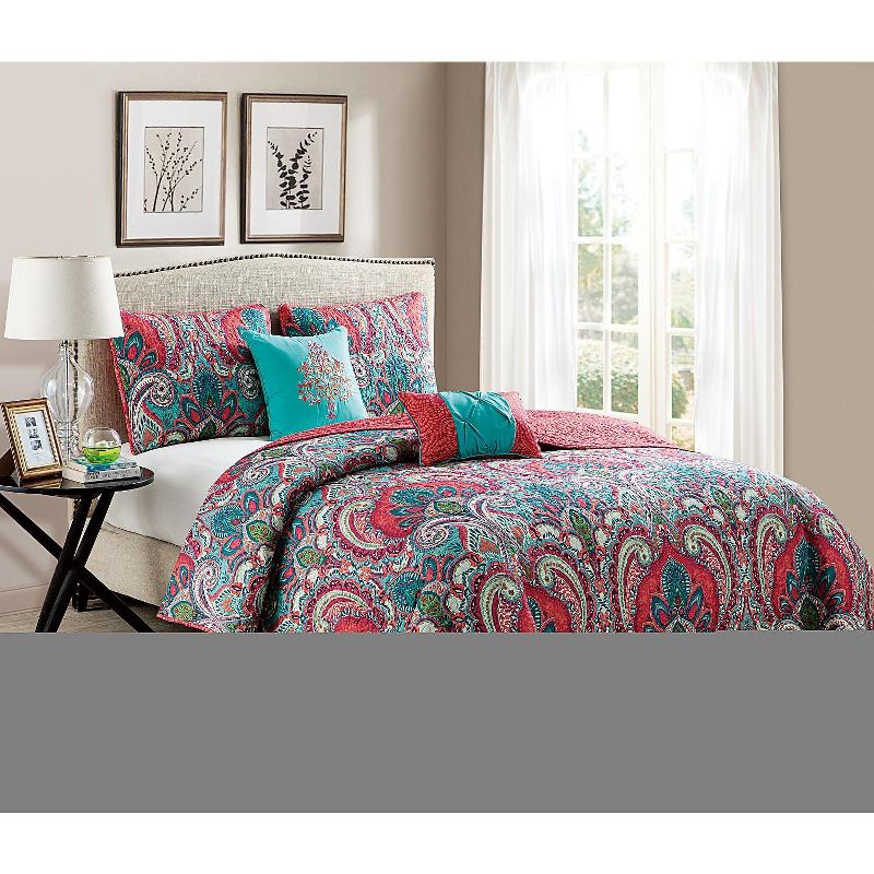 VCNY Home Casa Re'al Coral/Aqua Reversible Quilt Set - Multicolored 4 Piece Twin - Twin XL