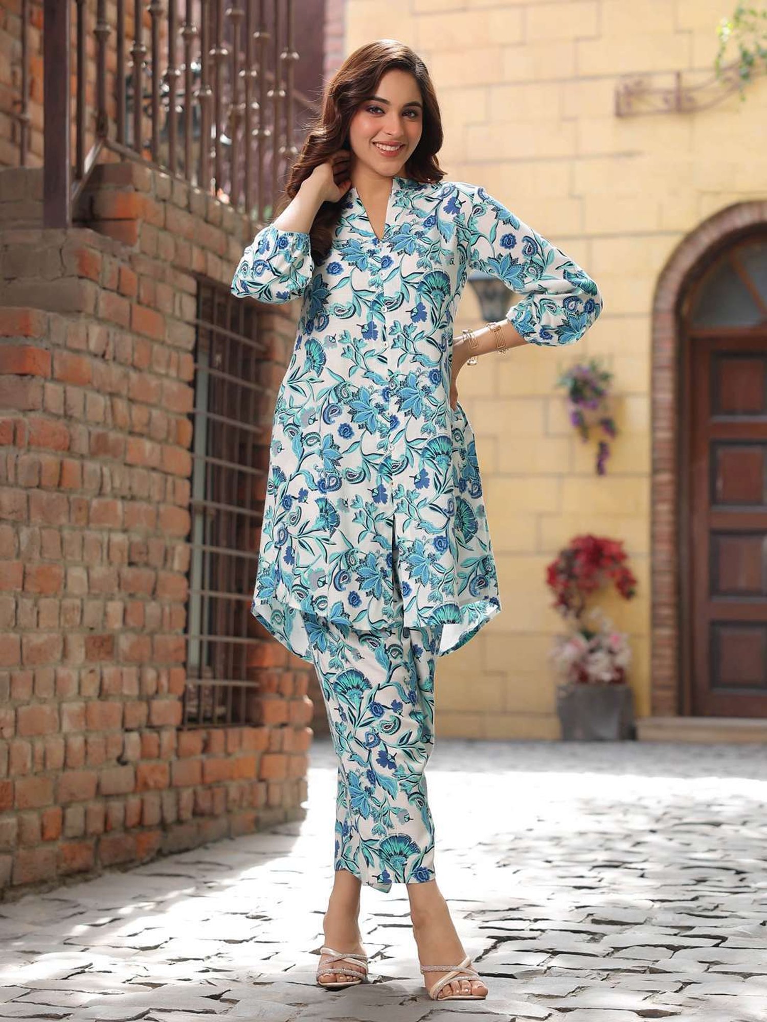 Rain and Rainbow White & Blue Floral Print Tunic & Pant Set