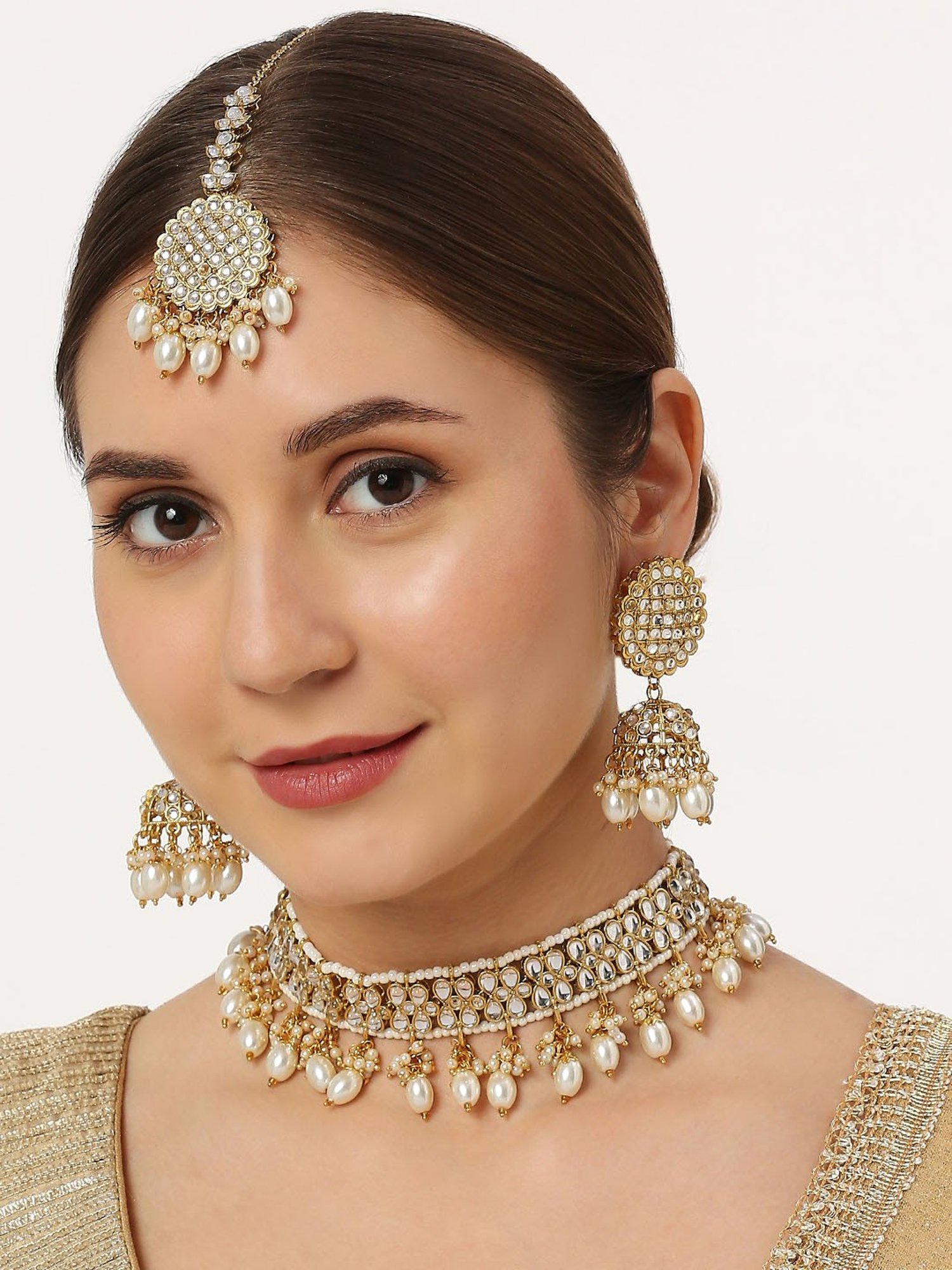 OOMPH Gold Tone Kundan & Pearls Choker Necklace Set with Jhumka Earrings & Maangtikka