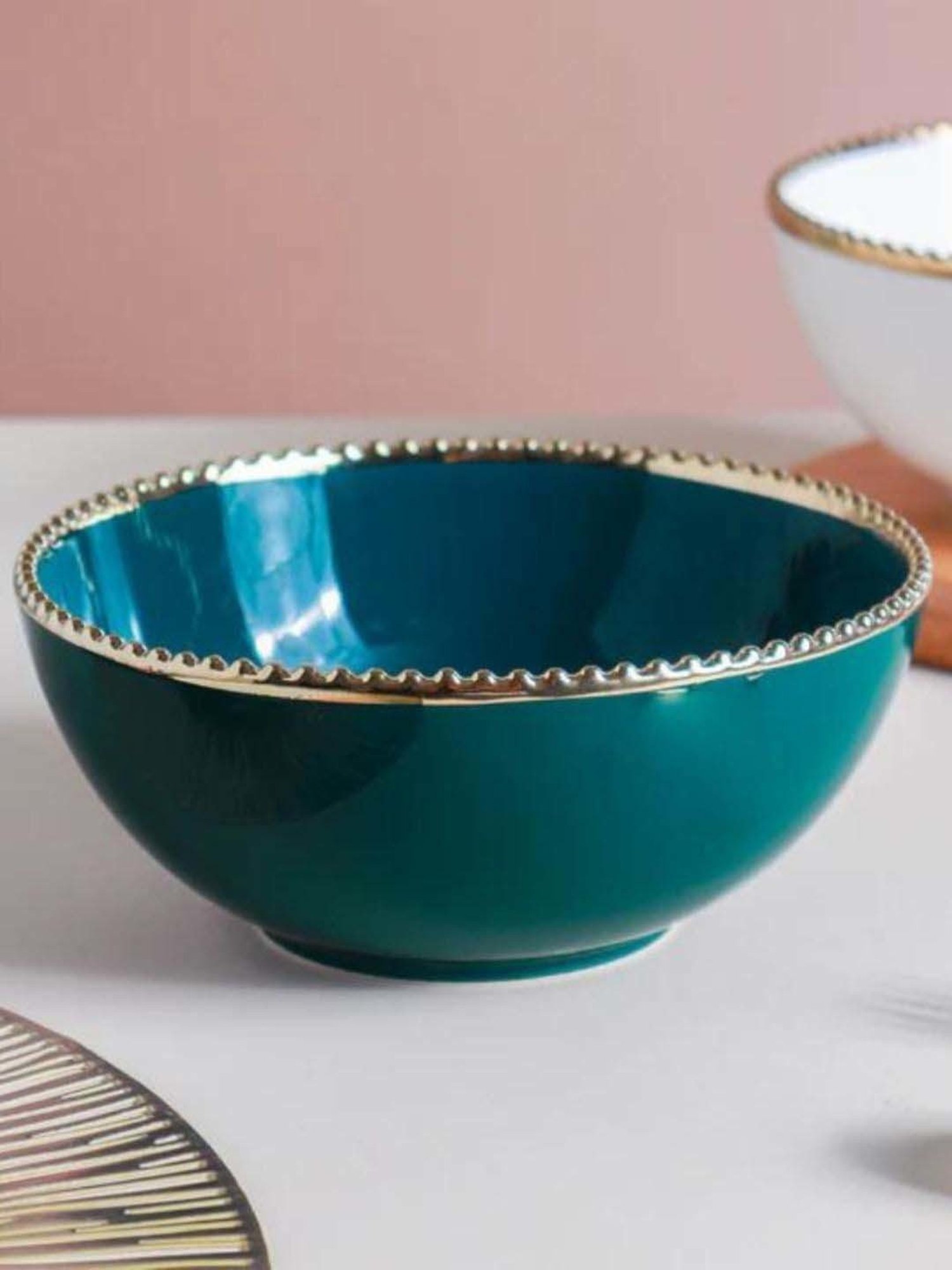 Nestasia Premium Quality Ceramic Green Glossy Serving Bowl With Golden Textured Rim (800 ml)