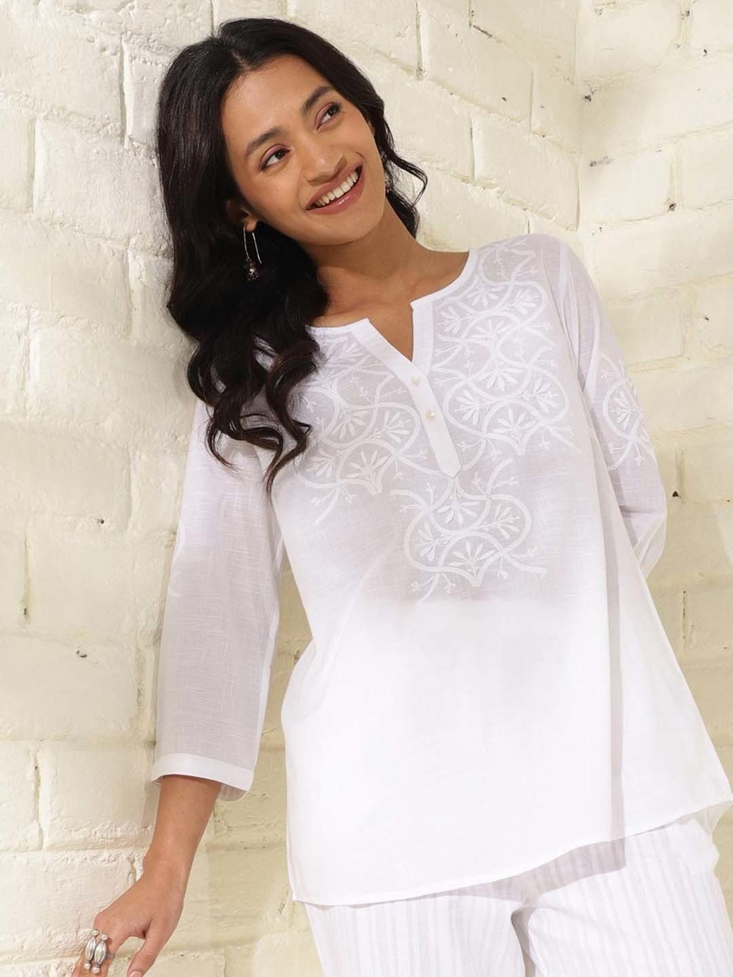 Fabindia White Cotton Embroidered Tunic