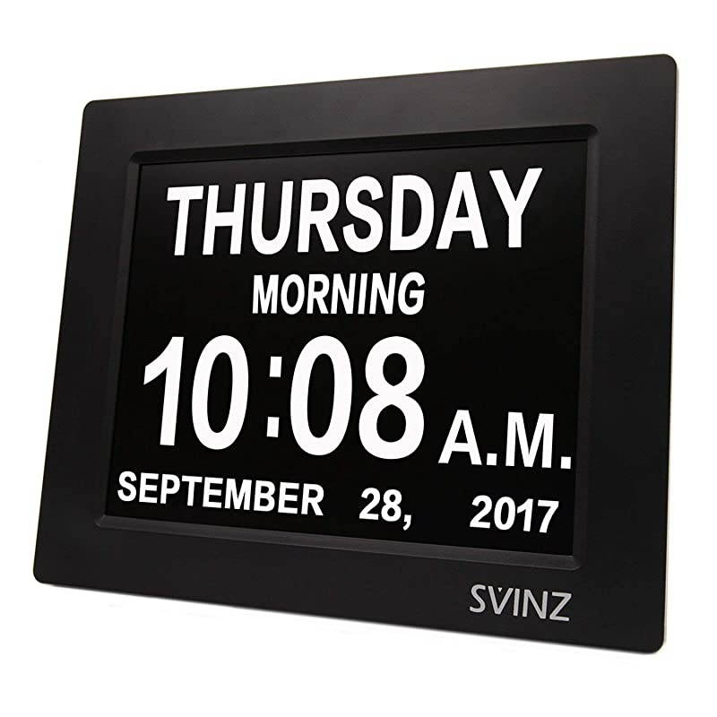 Snooze Button Newest  5 Alarms Dementia Clock 2 AutoDim Options Large 8 Display Wall Digital Calendar Day Clock for Vision Impaired Elderly Memory Loss Black SDC008