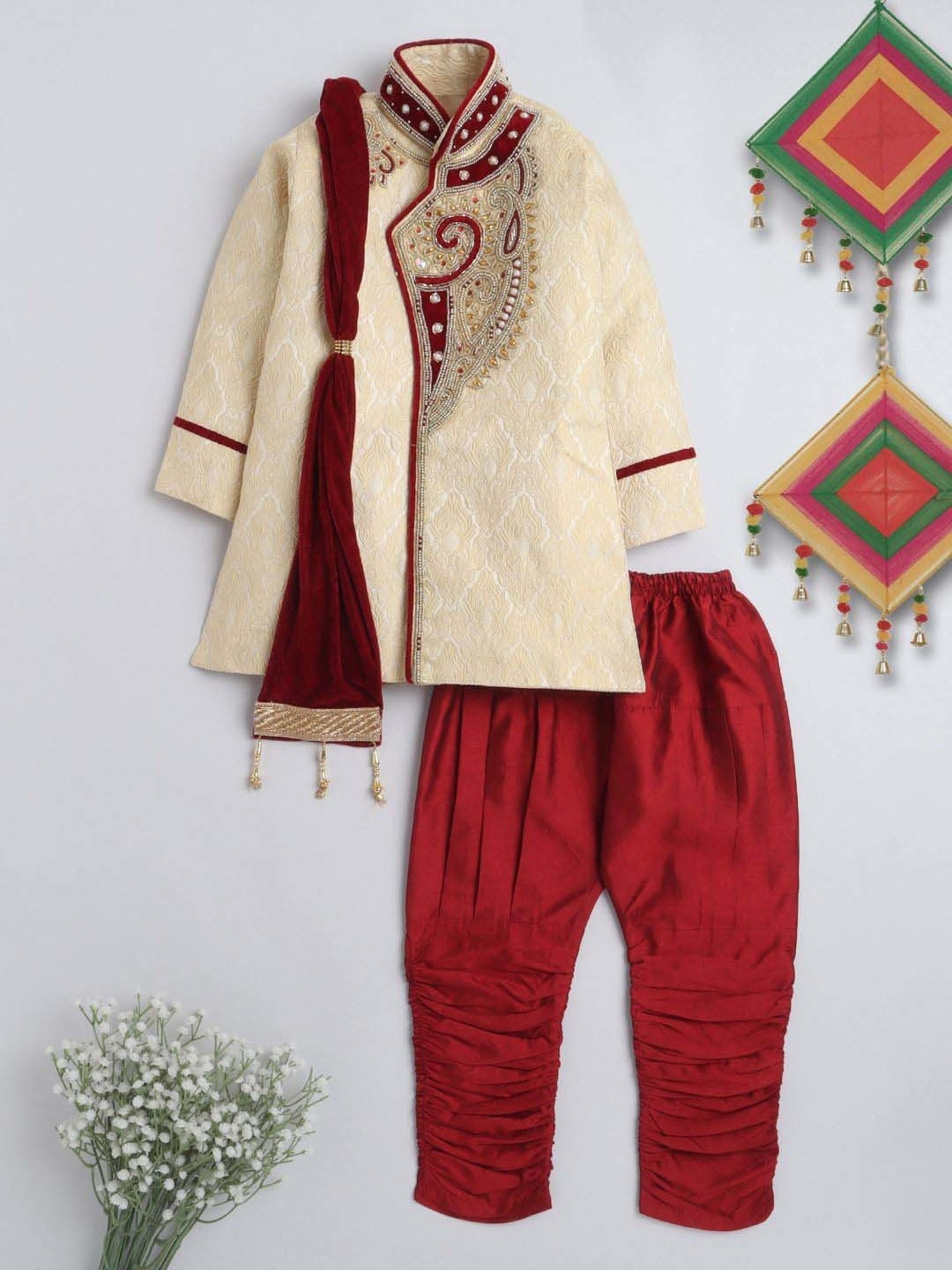 Ahhaaaa Kids Gold & Red Embellished Full Sleeves Sherwani Set