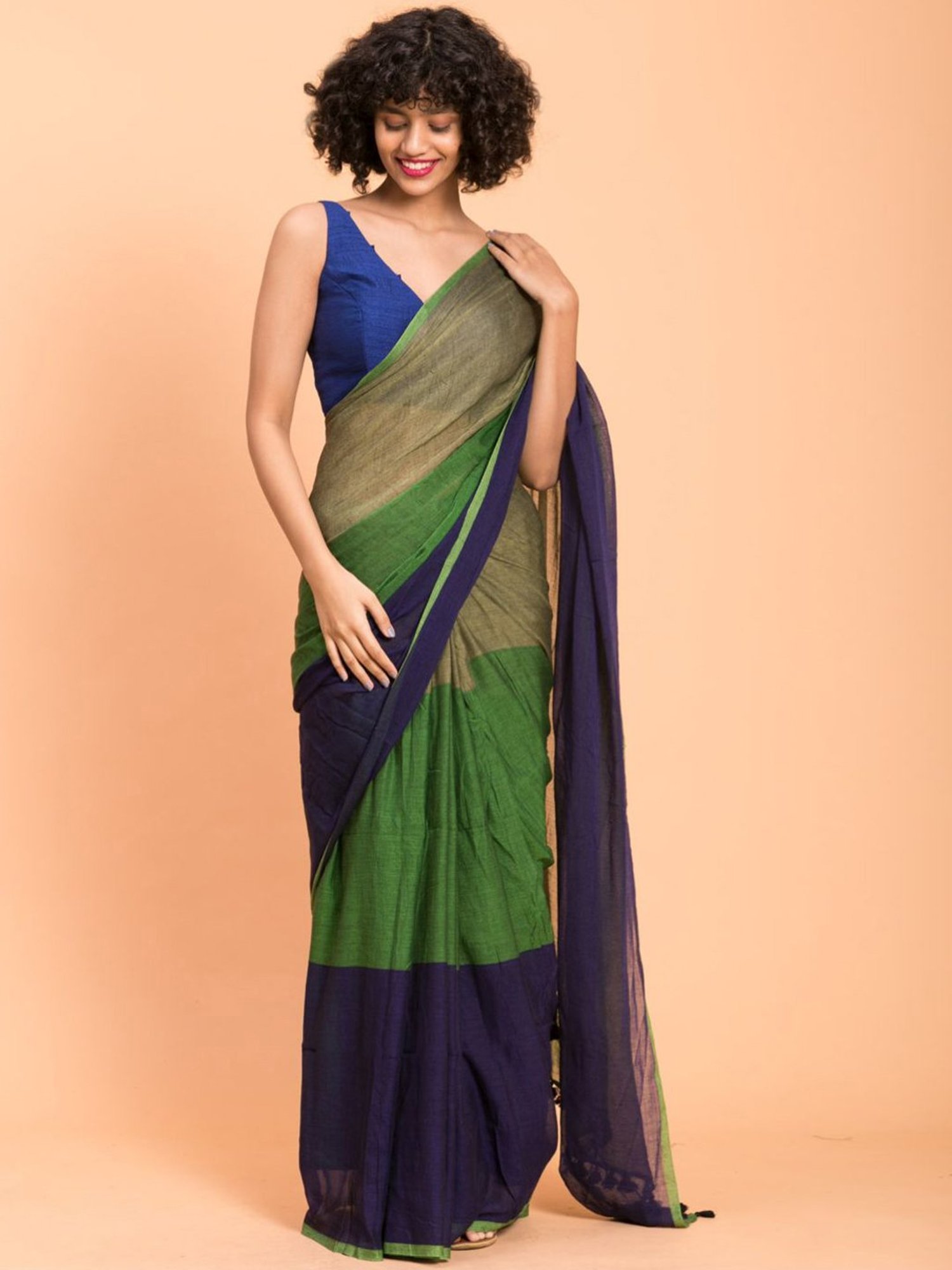 Suta Blue & Green Cotton Saree Without Blouse