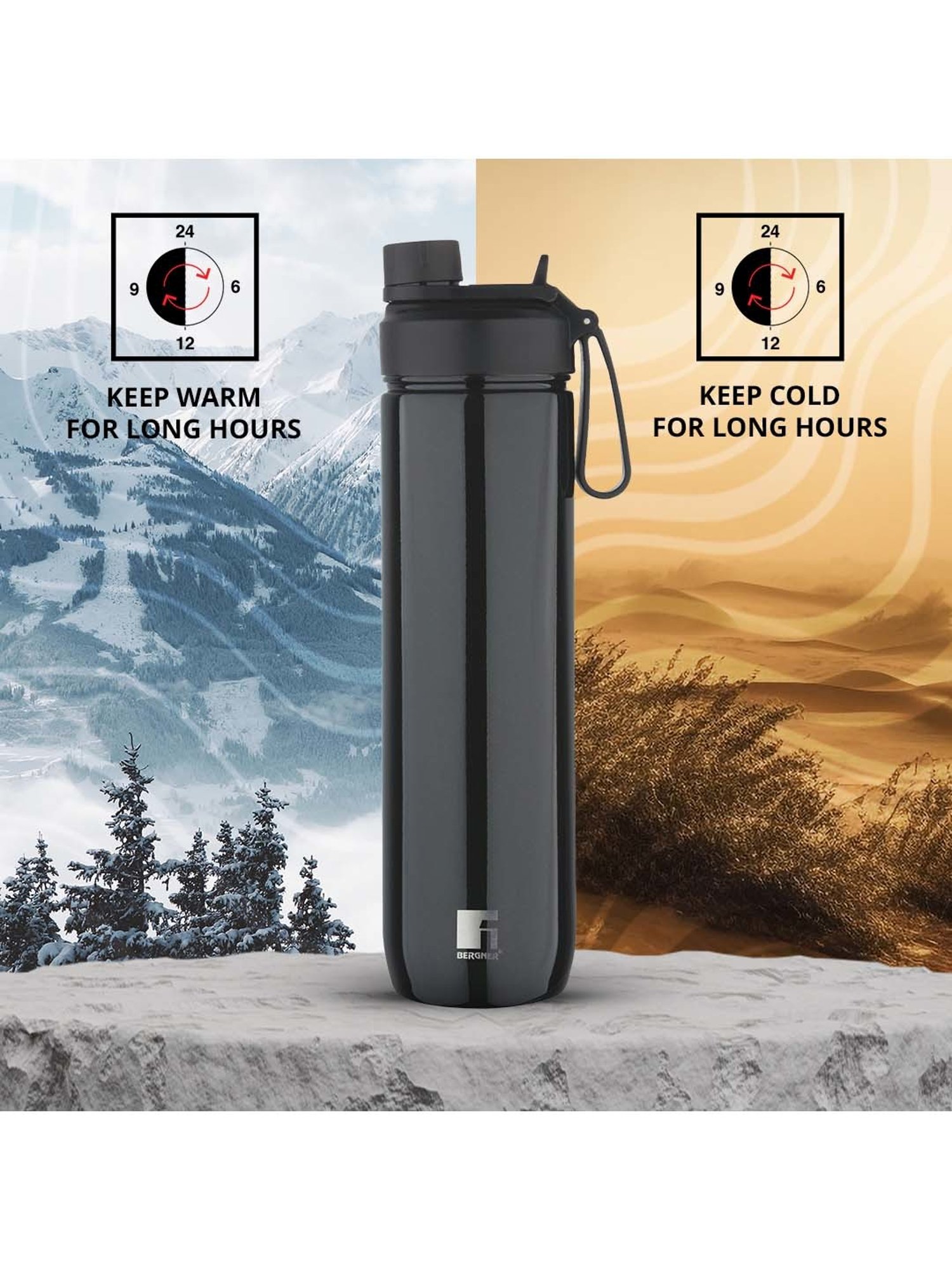 Bergner Walking Black Stainless Steel Thermosteel Hot and Cold Bottle (0.75 L)