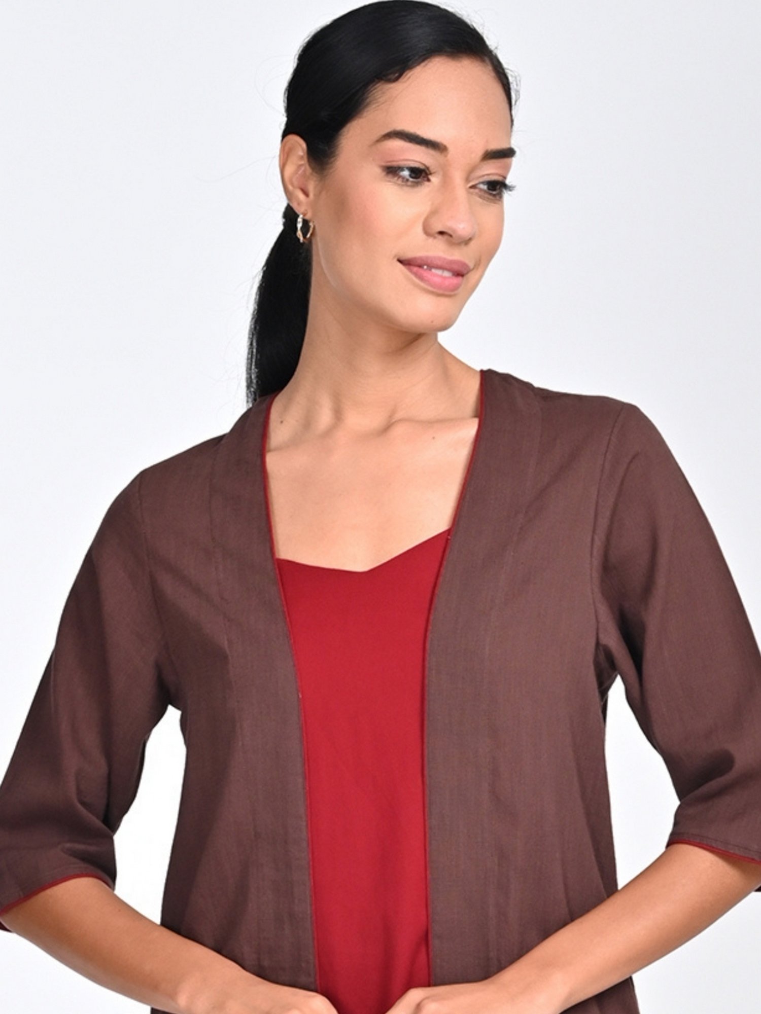 Saltpetre Women Coffee Brown with Maroon Piping Open Front Long Overlay