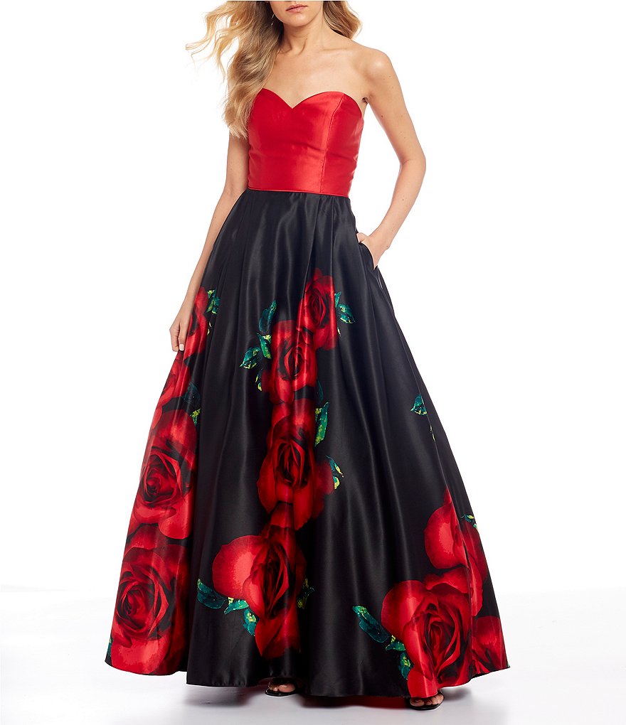 Blondie Nites Strapless Solid Bodice Lace-Up Back Floral Print Ball Gown