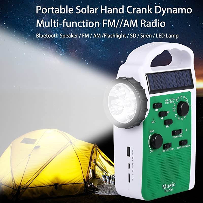 4Way Powered LED Camping Lantern LED Flashlight Emergency AMFM Radio Siren with Solar and Crank MP3 Player Bluetooth Speakers 2300 mAh Power Bank Phone ChargerGreen