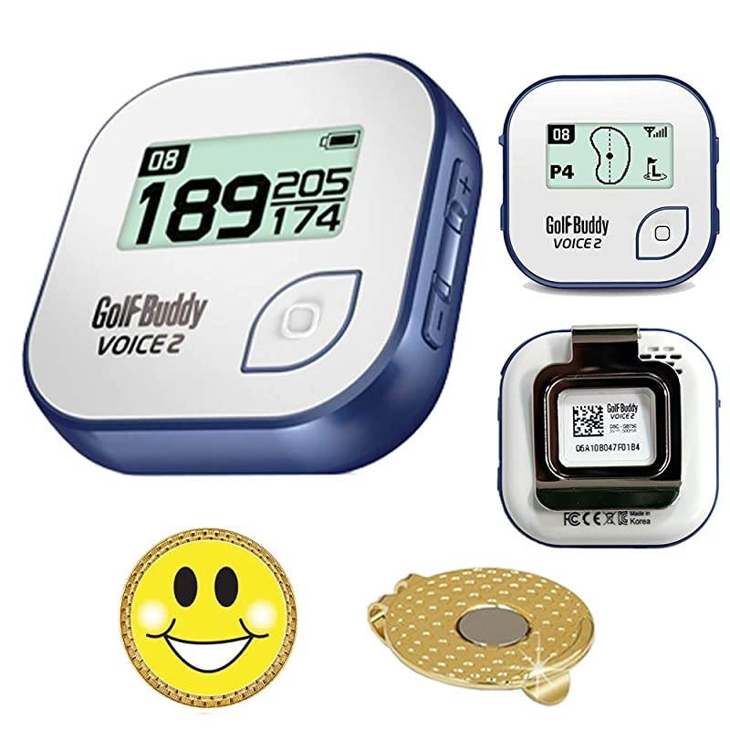 GolfBuddy Voice 2 Golf GPSRangefinder Bundle with Magnetic Hat Clip Ball Marker Smiley Face