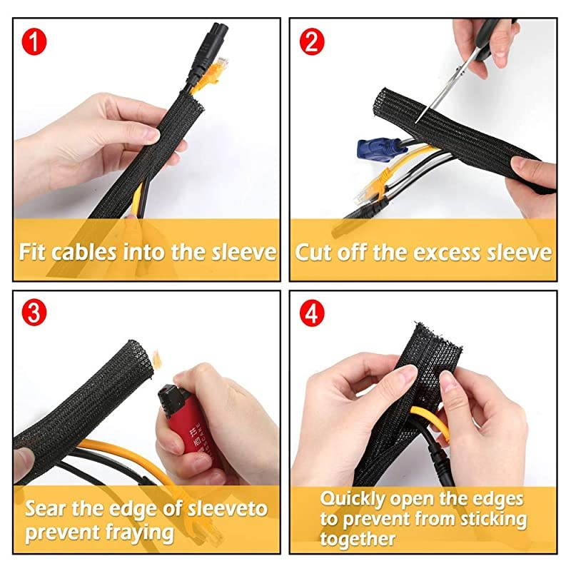 Cable Management Sleeve  2 x 52ft 34 inch Expandable Braided Cable Sleeve + 1 x 10ft Cable Ties for TV PC Home Theater Cord Organizer 3 Pieces