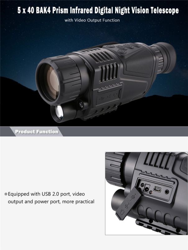 CORN  5 x 40 Infrared Digital Night Vision Telescope High Magnification with Video Output for Hunting Monocular 200M View