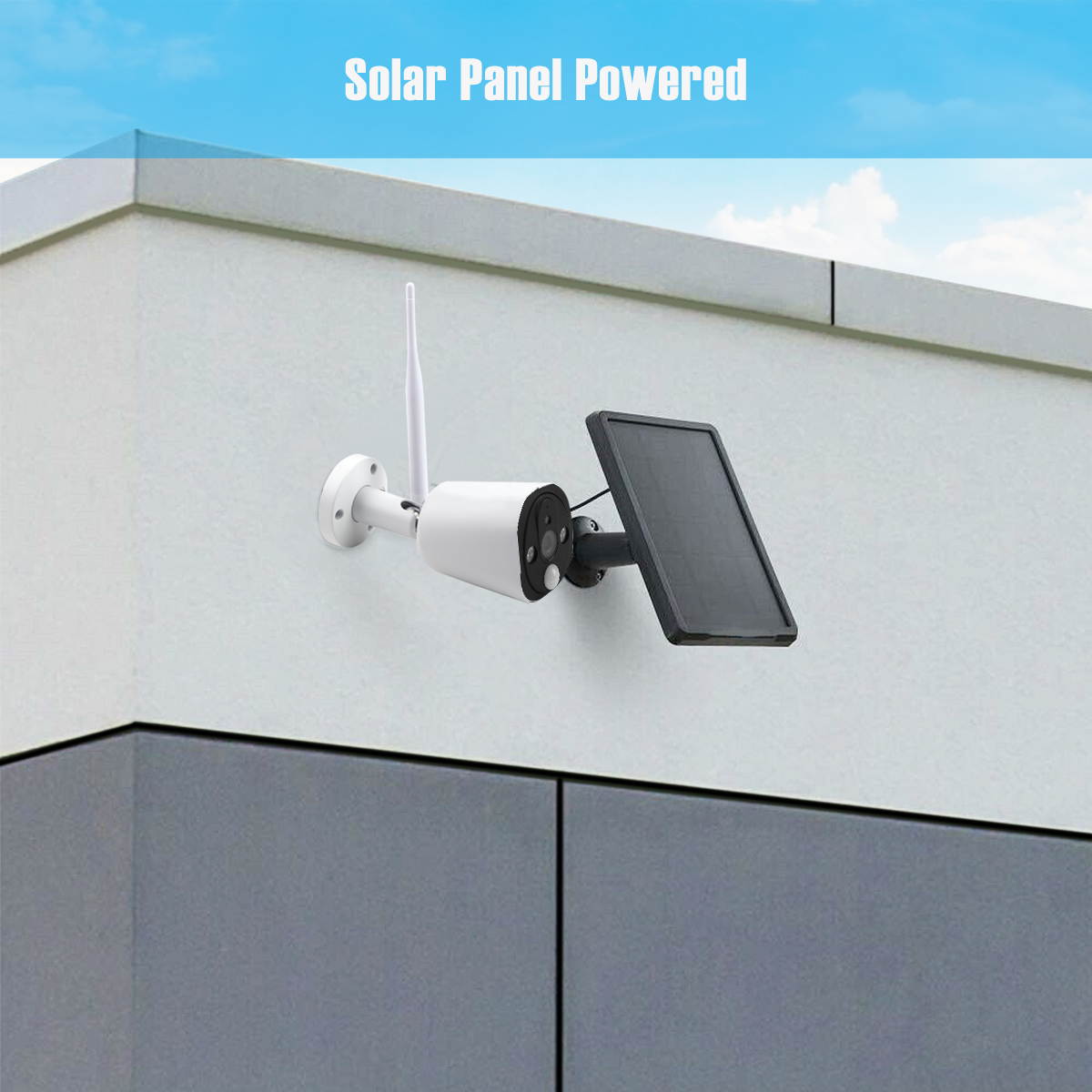 WiFi Solar Powered Security Camera Wireless 1080P Outdoor Network IP65 Waterproof Webcam PIR Motion Detection,White