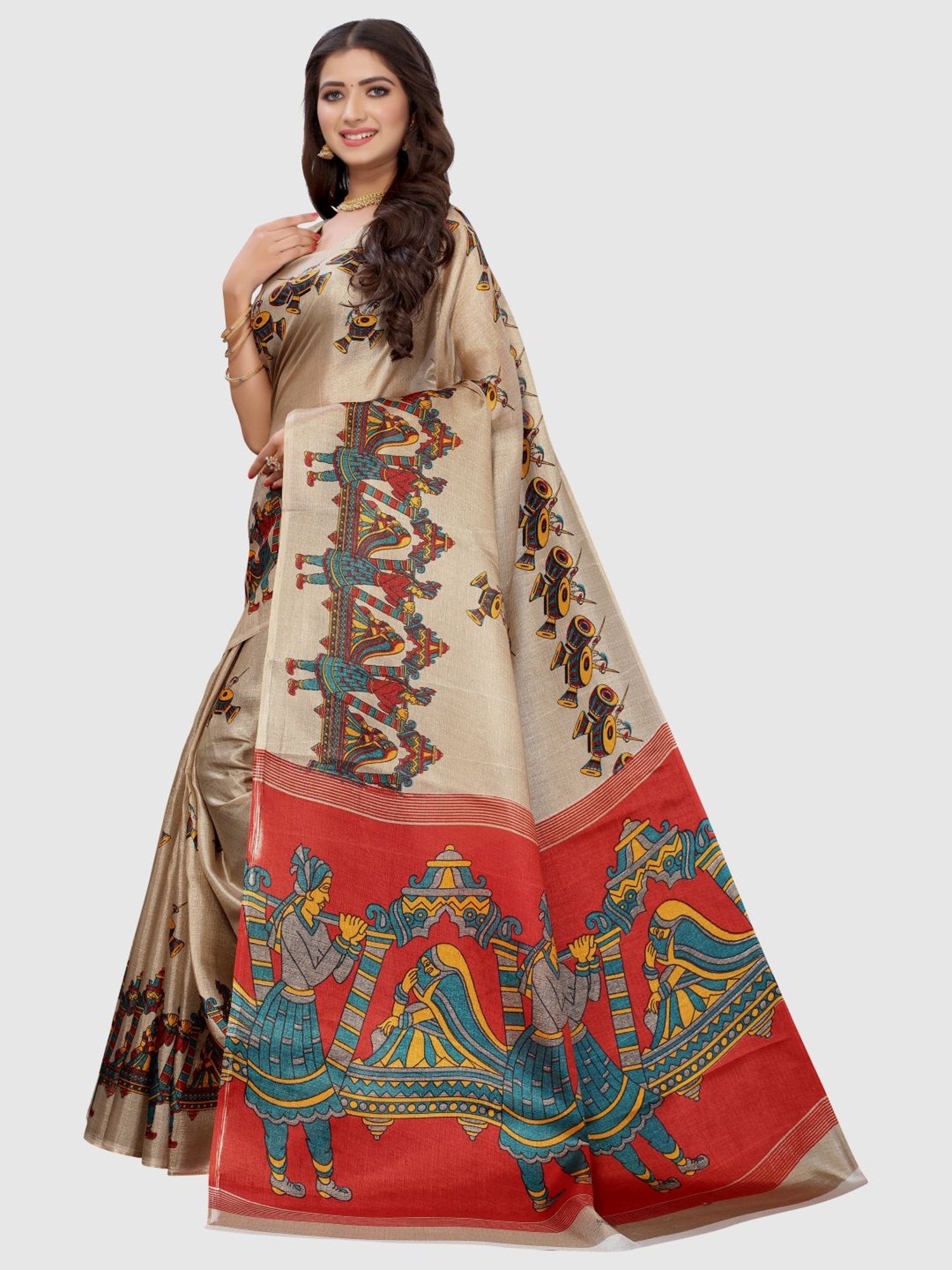 KSUT Beige Printed Saree With Unstitched Blouse