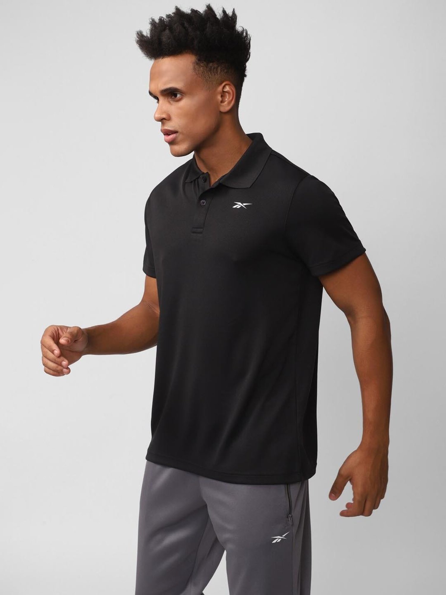 Reebok Mid Black Regular Fit Texture Polo T-Shirt