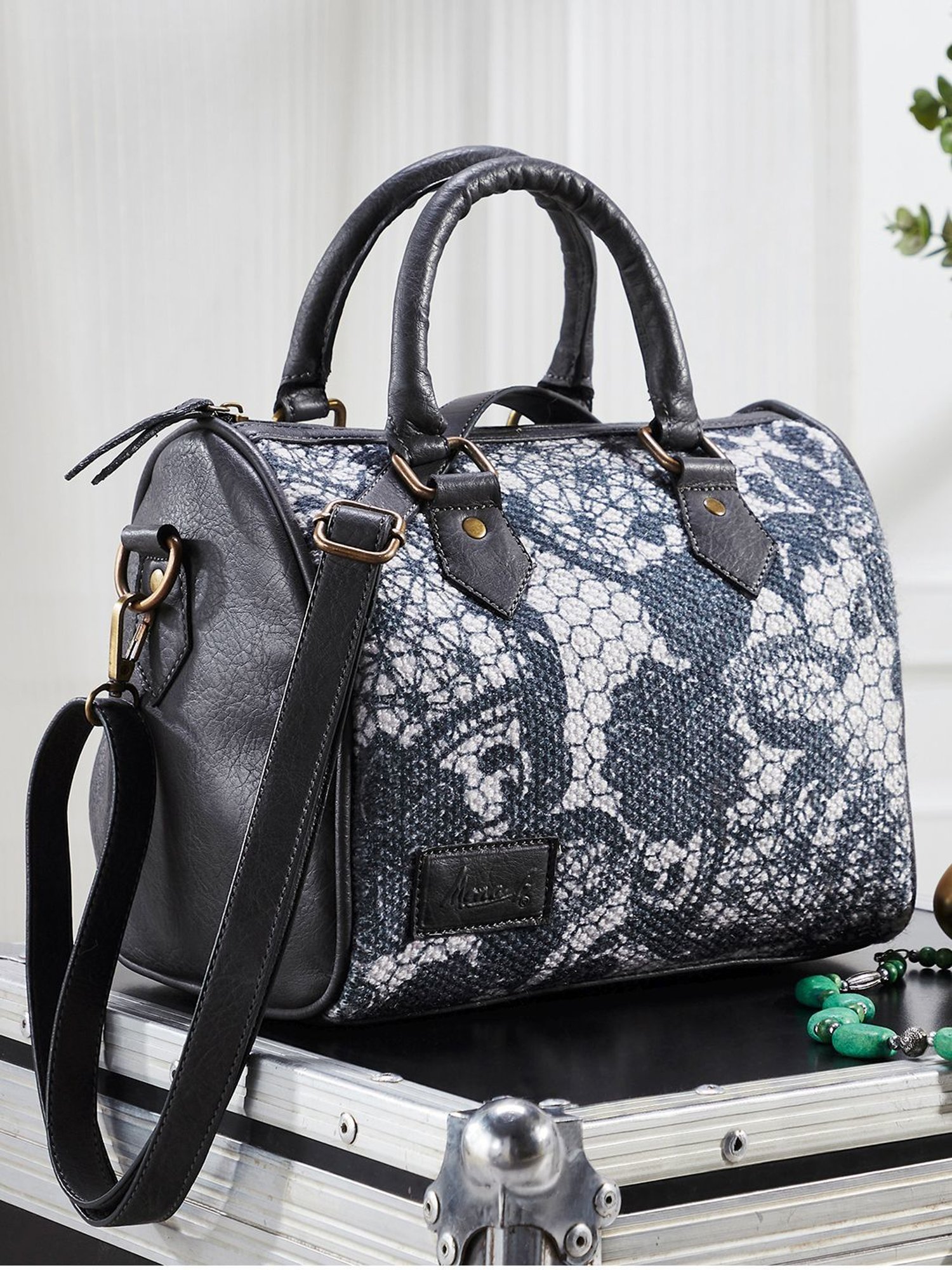 Mona B Grey Printed Medium Handbag
