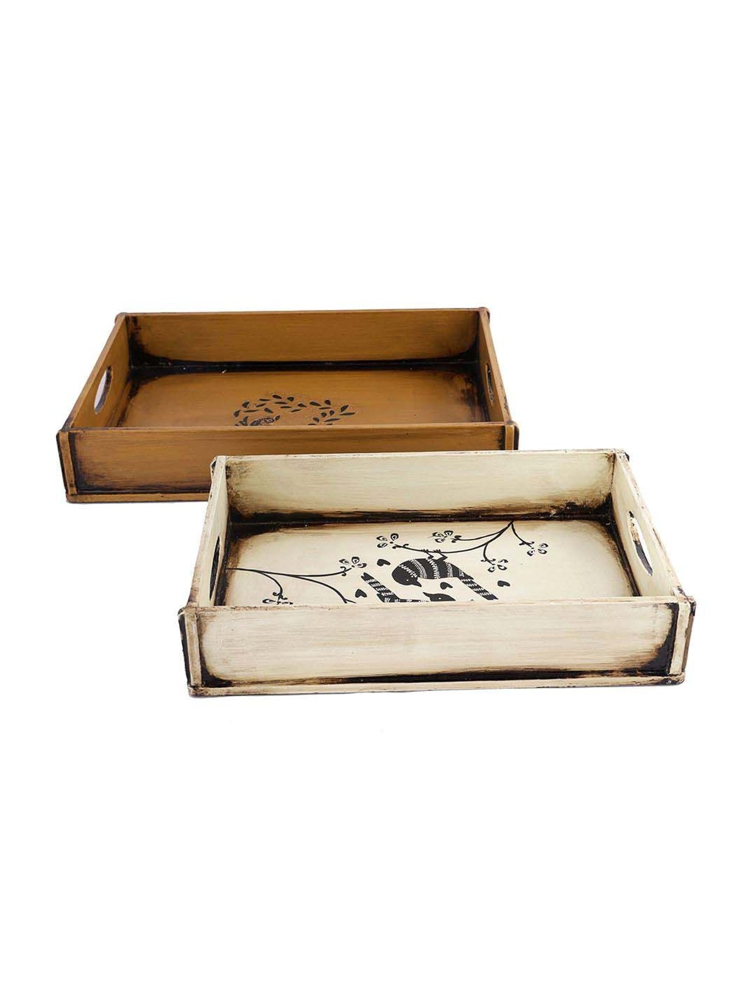 Aapno Rajasthan Brown & White Wooden Serving Tray - Set of 2
