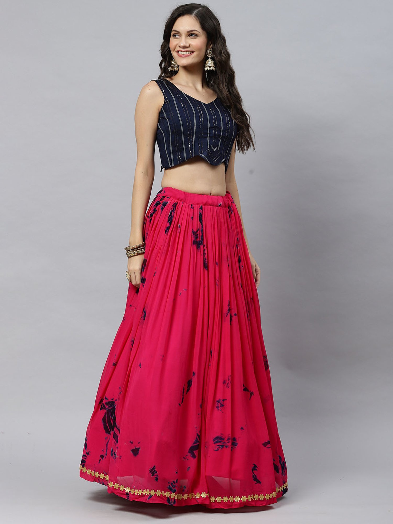 SHUBHKALA Pink & Navy Embellished Lehenga Choli Set With Dupatta