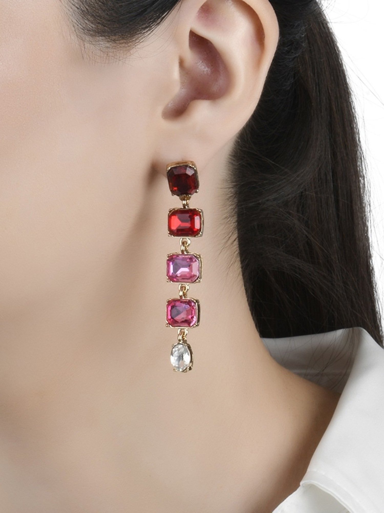 Lilly & Sparkle Gold-Toned Red, Pink, and White Stone Studded Dangler Earrings