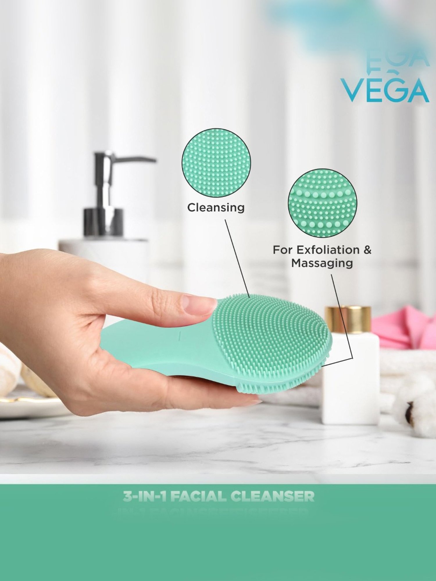 Vega VHFC-02 3-In-1 Facial Cleanser with Sonic Vibration Technique (Green)
