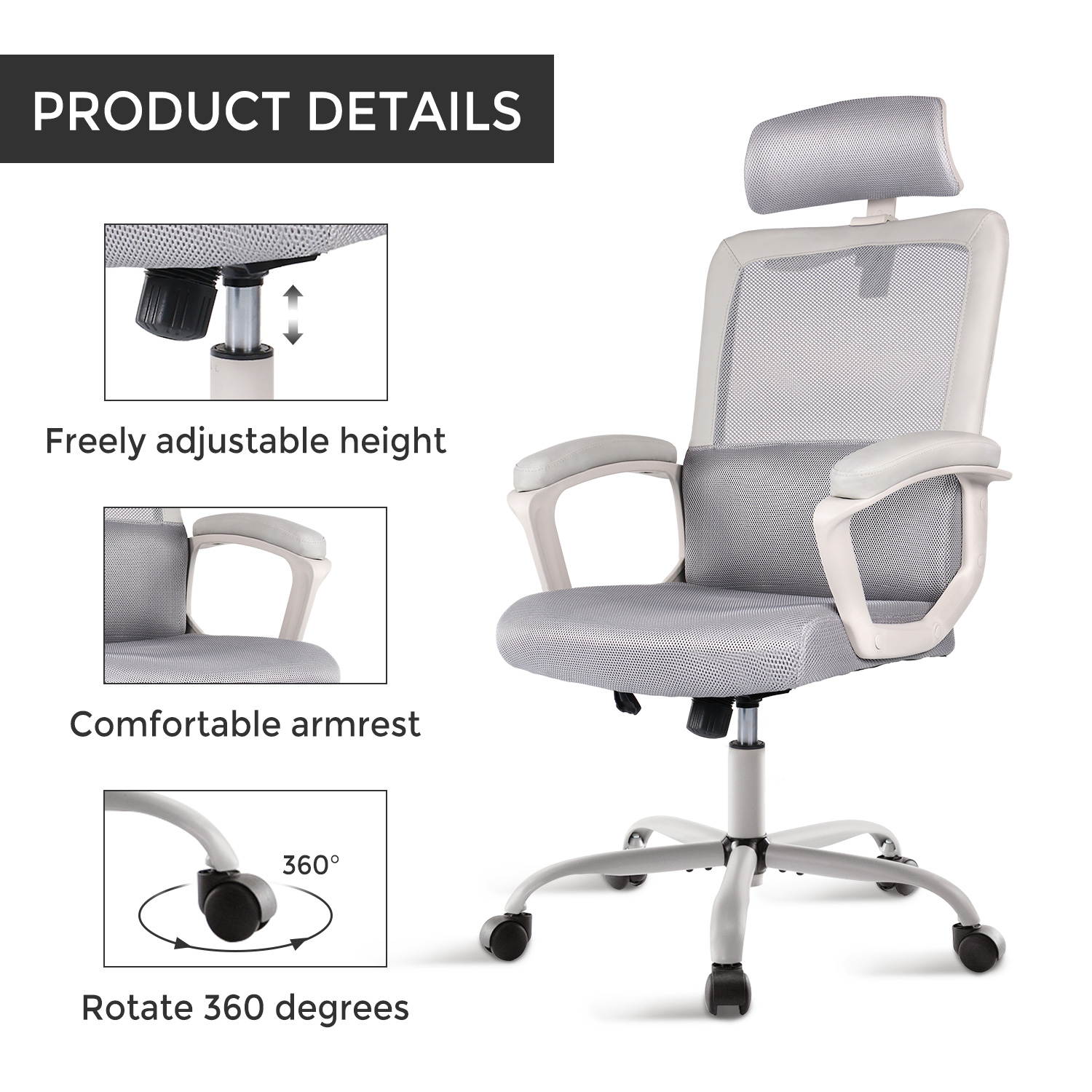Milemont Office Chair, High Back Ergonomic Mesh Desk Office Chair with Padding Armrest and Adjustable Headrest -Gray