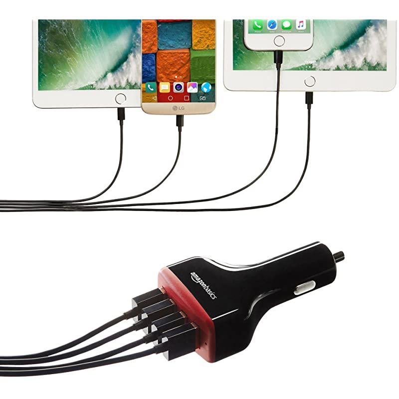 4Port Multi USB Car Charger for Apple and Android Devices 96 Amp 48W Black and Red