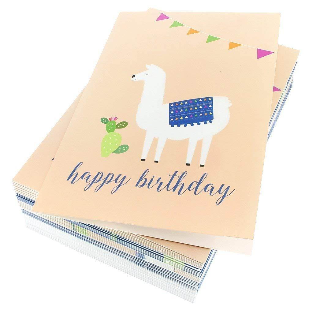 Birthday Card - 48-Pack Birthday Cards Box Set, 6 Cute Llama and Cacti Happy Birthday Cards Bulk, Envelopes Included, 4 x 6 Inches