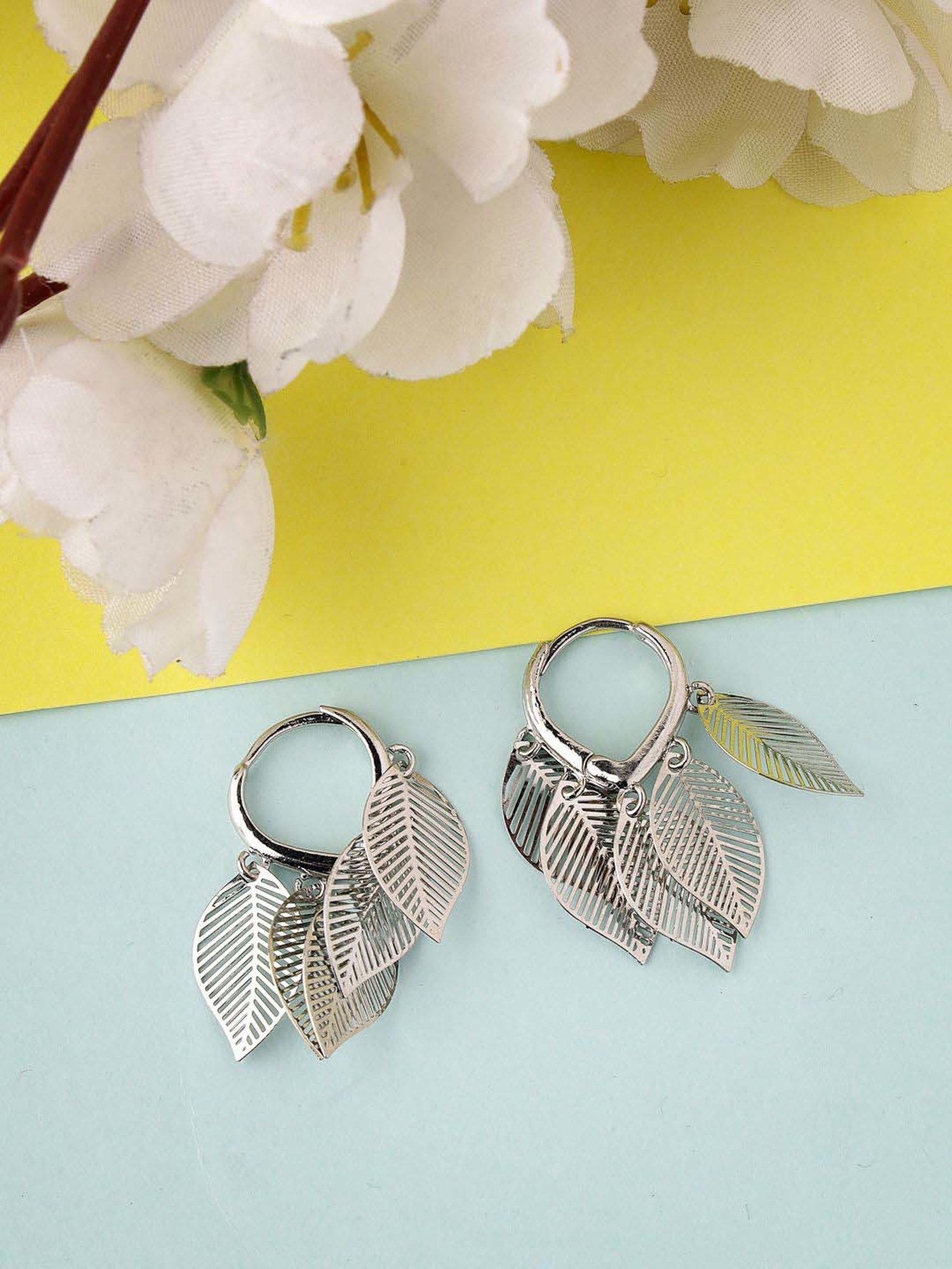 NVR Rhodium Plated Leaf Shaped Drop Earrings for Women