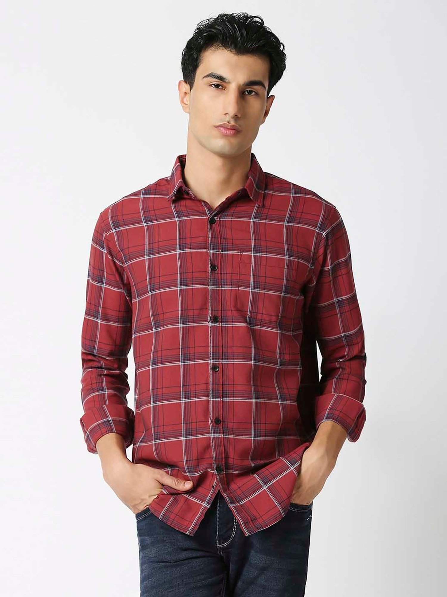 HJ HASASI Red Slim Fit Check Cotton Shirt