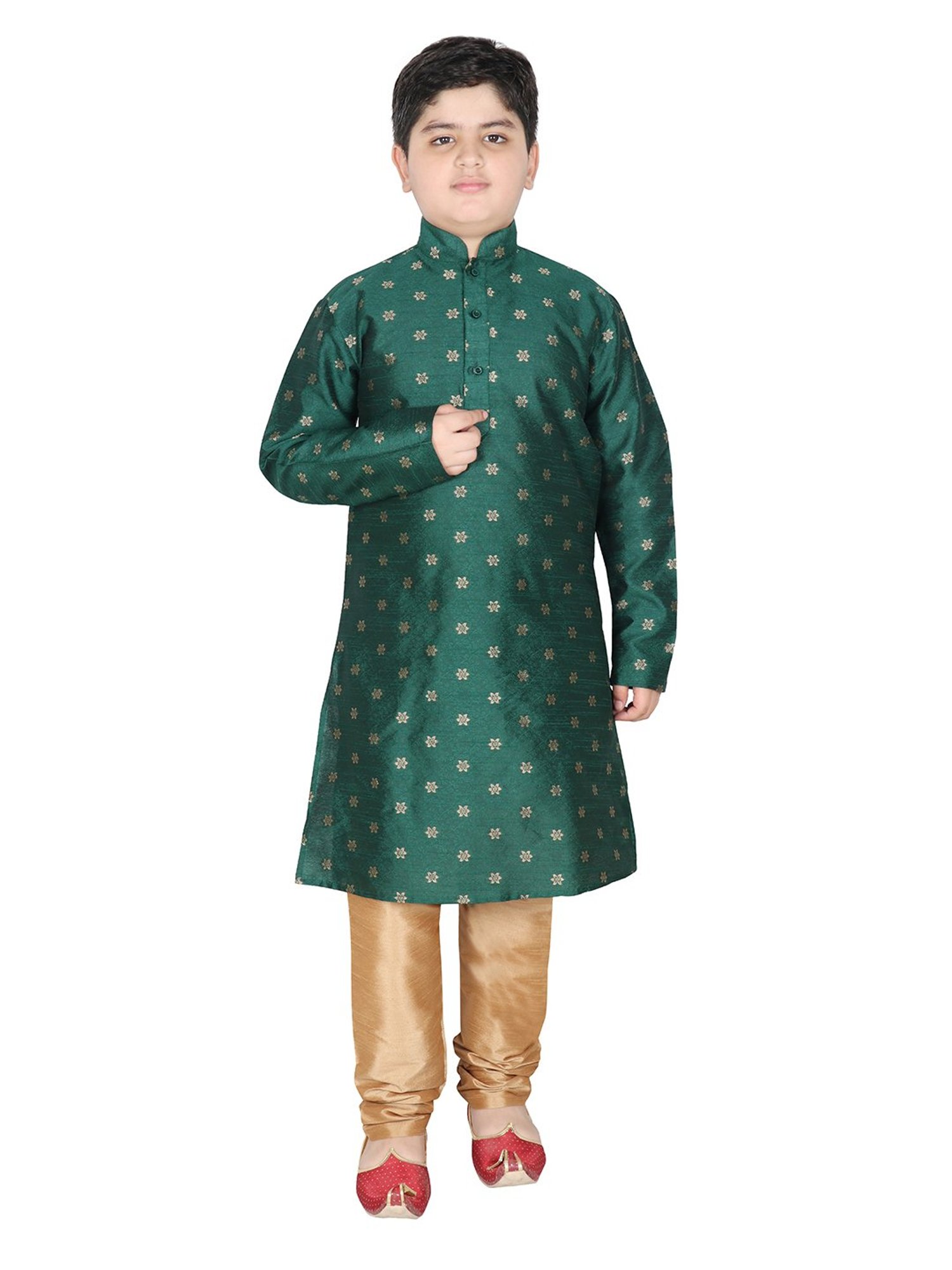 SG Yuvraj Kids Green & Gold Embroidered Full Sleeves Kurta with Pyjamas