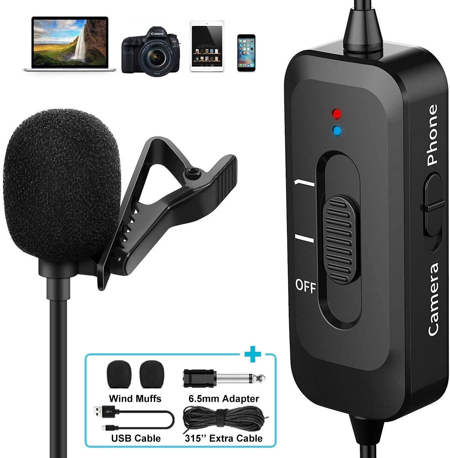Professional Lavalier Microphone for iPhone, Camera, PC, Android, Lavalier Lapel Microphone with USB Charging, Omnidirectional Lapel Mic with Noise Reduction for Video, YouTube, Interview, Vlogging