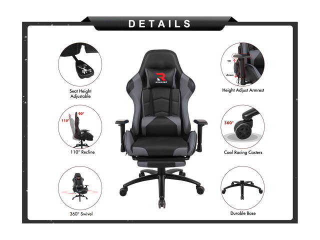 Massage Racing Chair with Retractable Footrest Gaming Chair - Computer Office Adjustable Lumbar Cushion Headrest Swivel Rocking Function Desk Chair 5 Colors