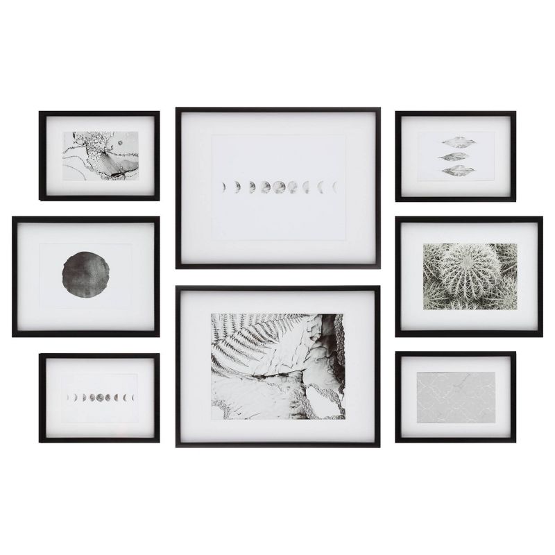 8pc Gallery Wall Frame Set with Decorative Art Prints and Hanging Template Black - Gallery Solutions