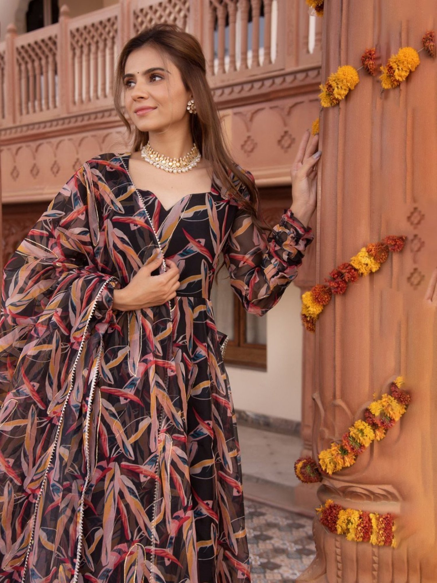 Calmna Black And Gold Organza Anarkali Suit Set