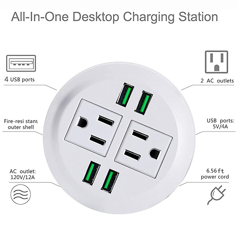 Power Grommet with USB,Recessed Power Socket with 2 AC Outlets and 4 USB Charging Ports. Desk Grommet Outlet 3 1/8in Hole,for Kitchen Table/Conference Room Outlet(White)
