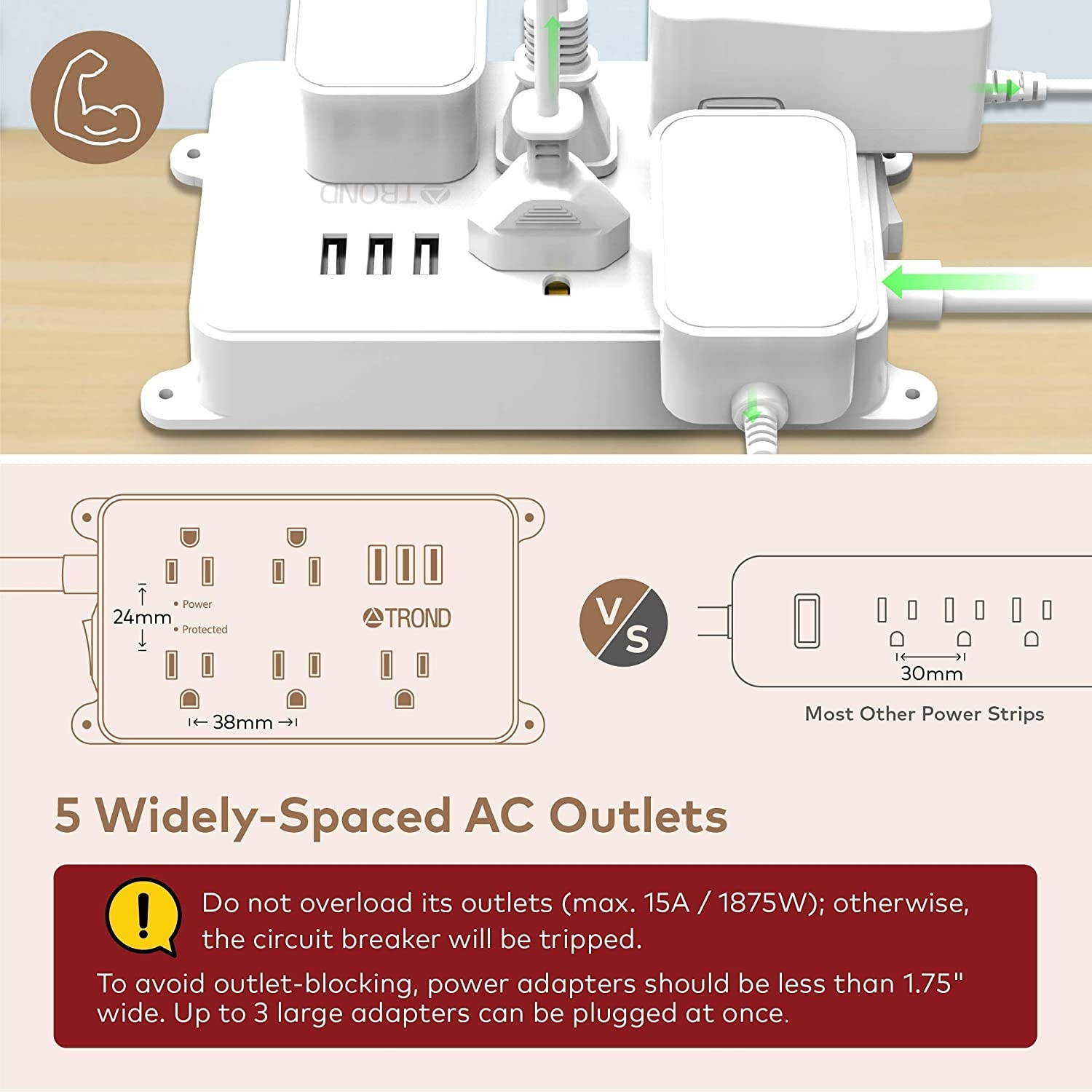 6Outlet + 2 USB 1050 Joule Surge Protector Power Strip with 25Ft Long Extension Cord White UL Listed