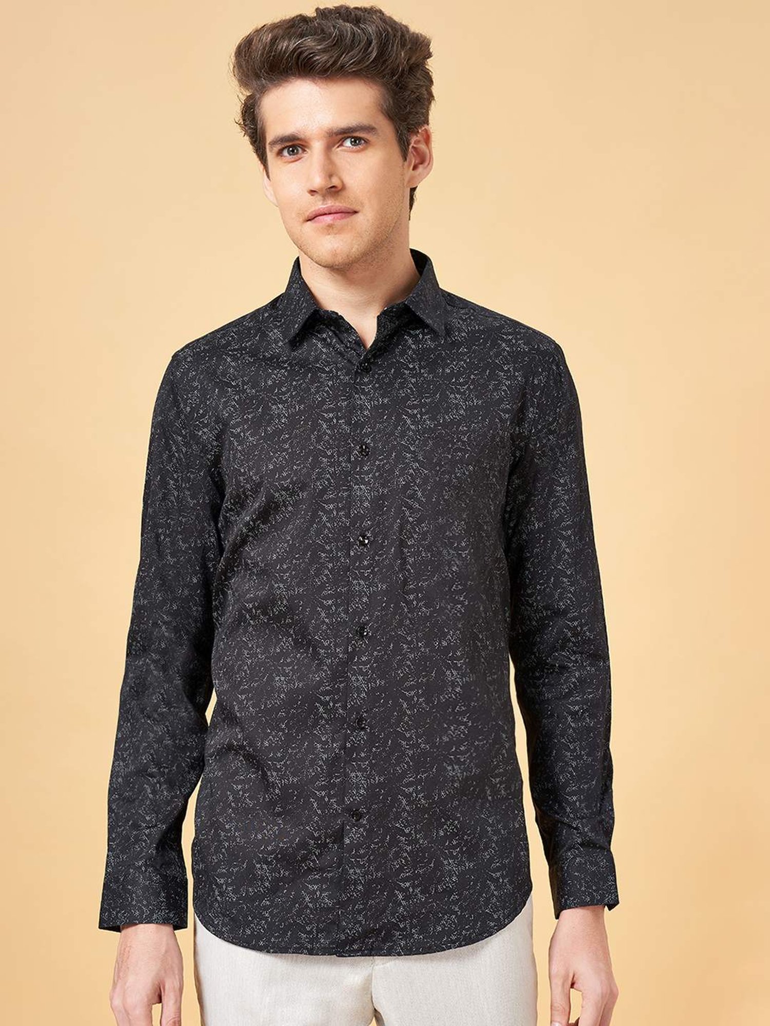 Peregrine By Pantaloons Black Cotton Slim Fit Printed Shirt