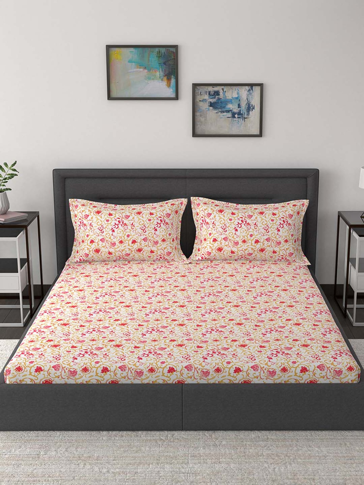 Maspar Modern Sanctuary Red & Yellow Cotton 210 TC Bed Sheet Set