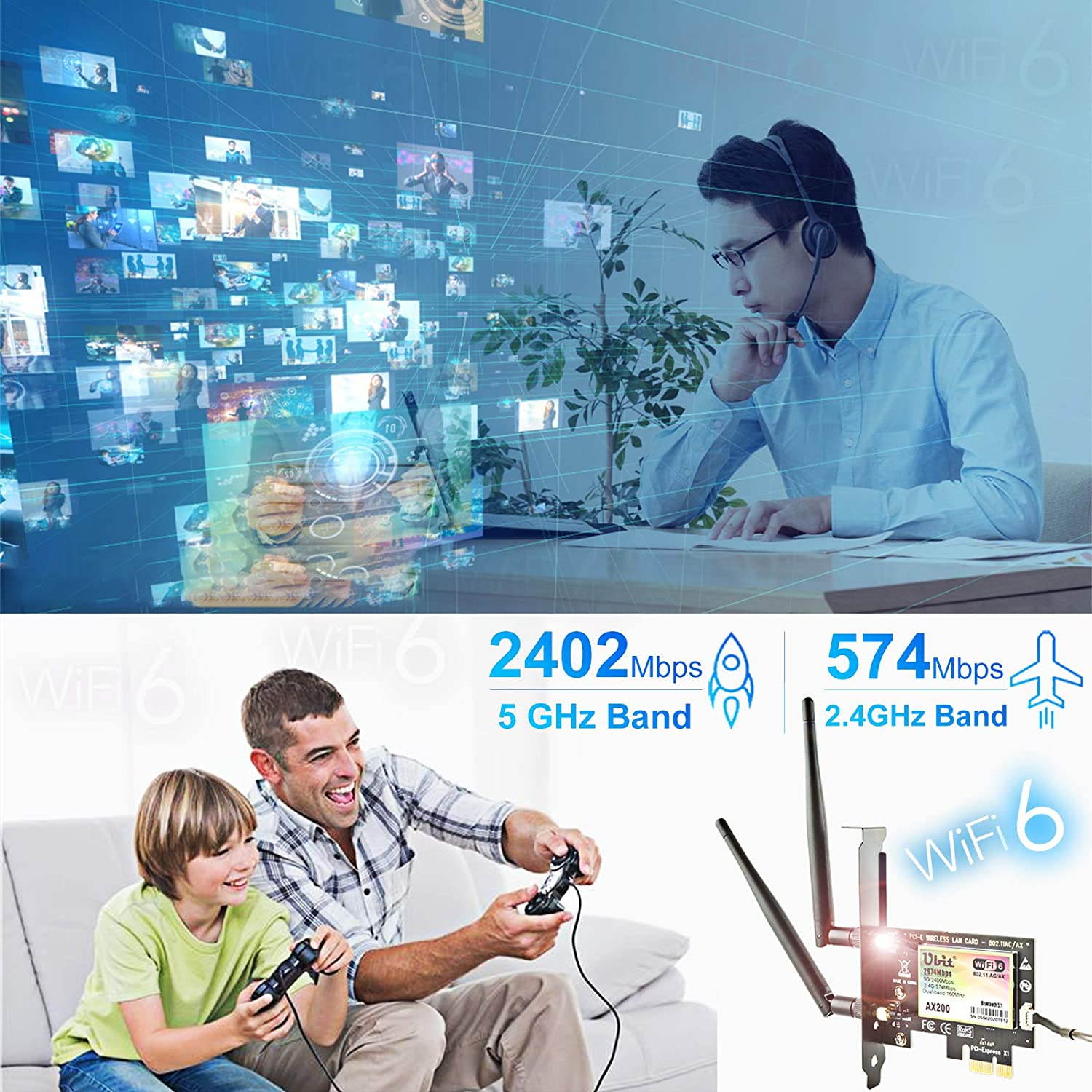 WiFi 6 Card for PC | Wireless PCIe WiFi Card | Max 3000Mbps with Bluetooth 5.1 | Intel AX200 Chip,MU-MIMO,OFDMA,Ultra-Low Latency | 802.11AX Dual-Band PCI-E Card (for Windows 10, 64-bit Only)