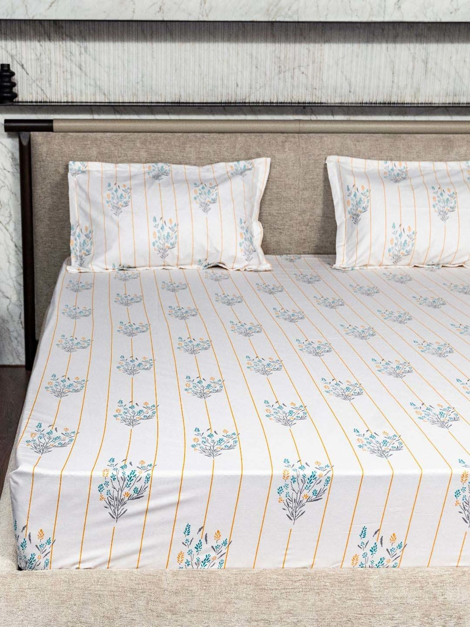 Urban Space White & Yellow Cotton 200 TC Single Bedsheet with 1 Pillow Cover