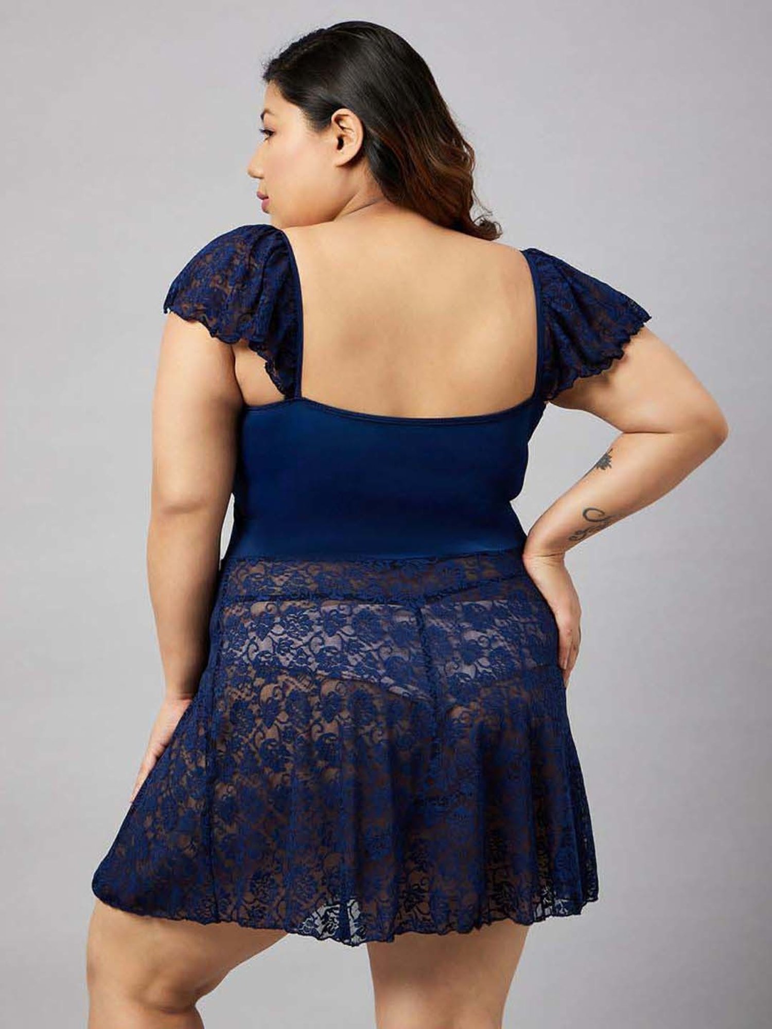 Secrets By ZeroKaata Black & Blue Lace Work Babydoll with Panty - Pack Of 2