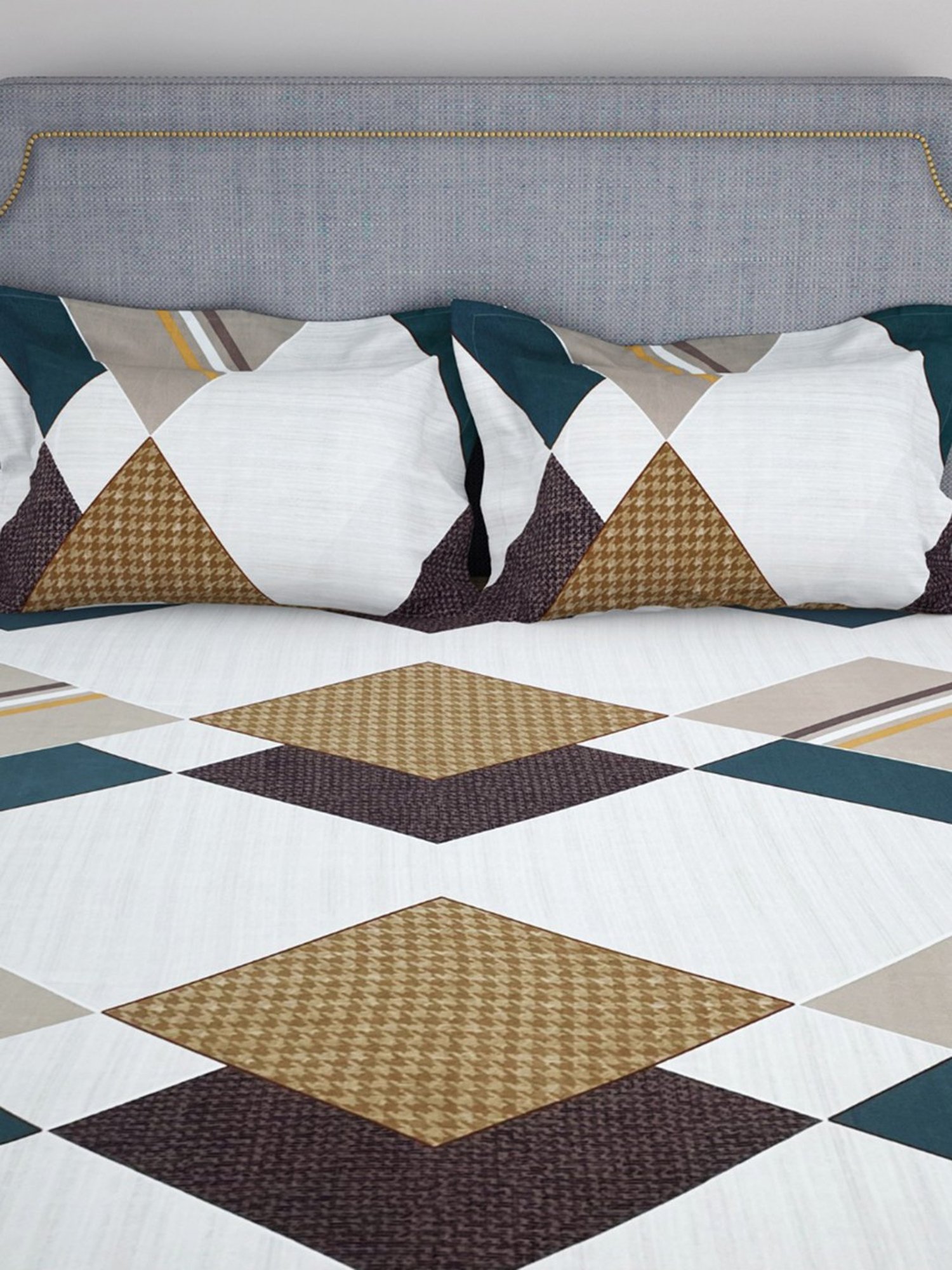 Welspun Geometric White 130 TC Microfiber Double Bedsheet with 2 Pillow Covers