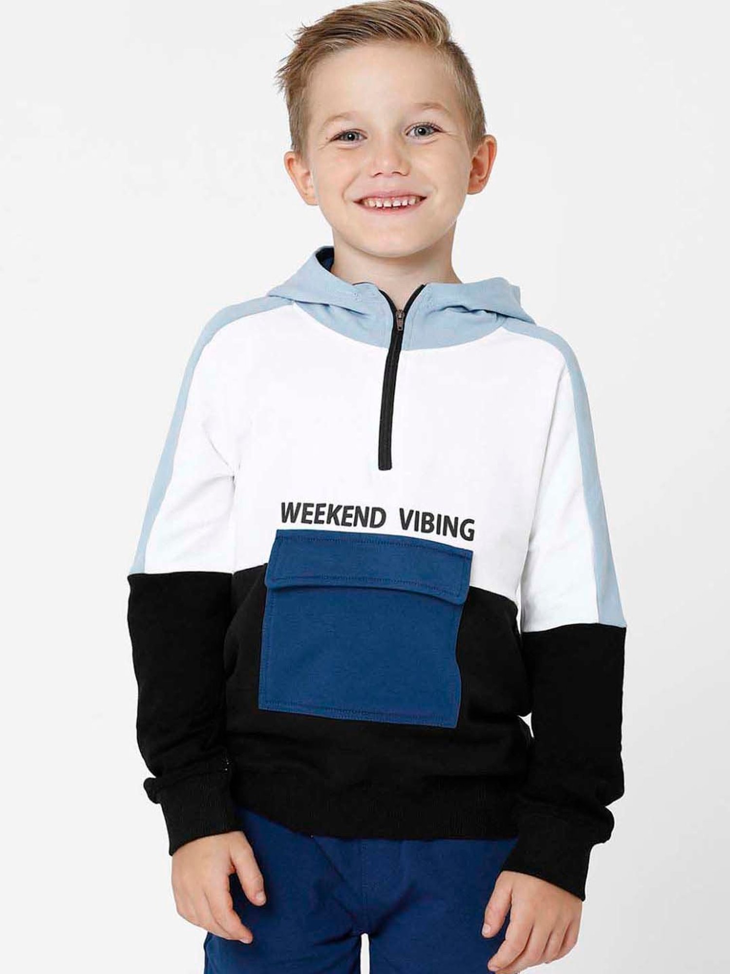 Kate & Oscar Kids White & Blue Cotton Color Block Full Sleeves Sweatshirt