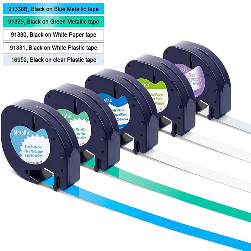 Replacement for DYMO LetraTag Refills 91330 91331 16952 91338B 91339 Black on White Clear Metallic Blue Green Tape for Letra Tag Label Maker LT-100H LT-100T QX50, 12mm x 4m 1/2'' x 13', 5-Pack