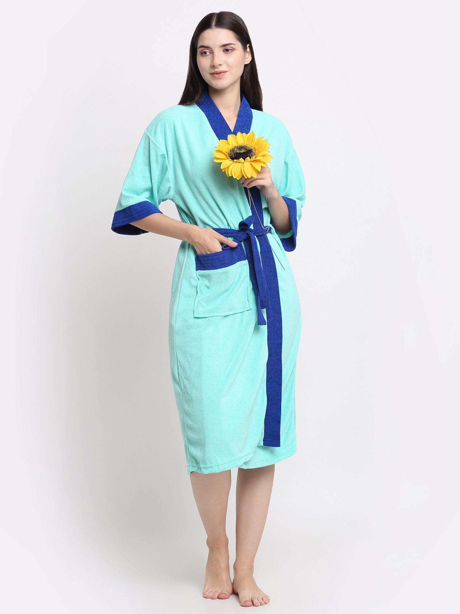 Creeva Everyday Sea Green & Turkish 225 GSM Micro Terry Bathrobe with Front Pocket & Kimono Collar
