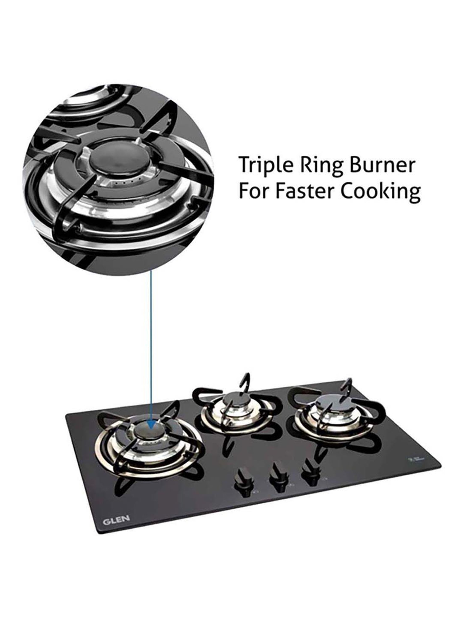 Glen 1073 TR 3 Burners Glass Top Built-in Hob with Auto Ignition (Black)